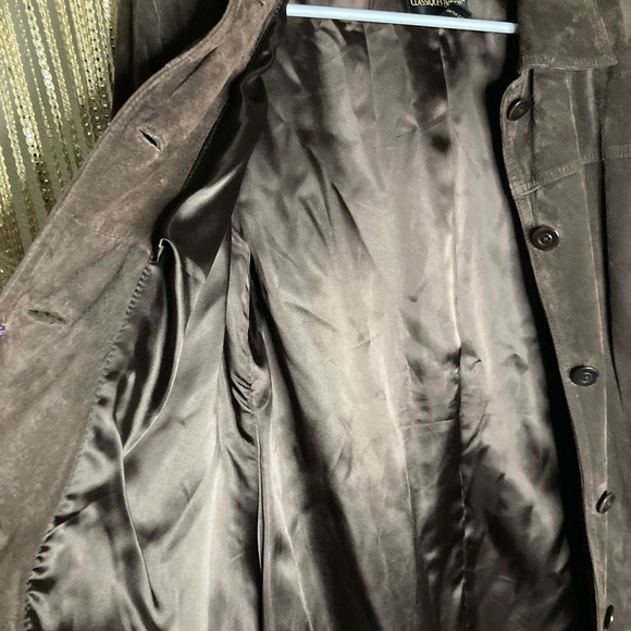 Vintage 90s genuine leather suede chocolate brown button up collared coat jacket - Picture 3 of 7